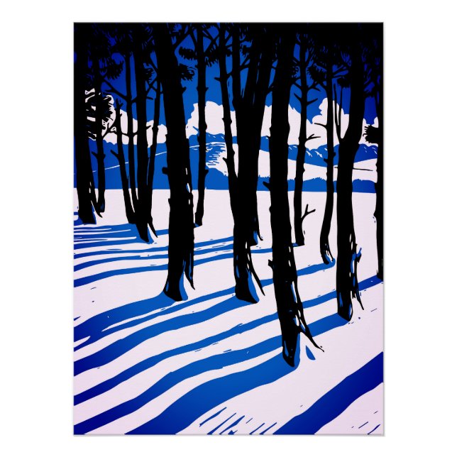 Poster Ombres de forêt hivernale – Nature minimale bleue (Devant)