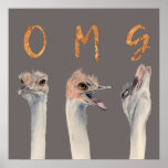 Poster OMG Ostriches<br><div class="desc">Il s'agit d'un tableau aquarelle d'autruches avec des émotions de transition du calme à la fonte. Il y a des lettres au-dessus de chaque autruche qui dit "OMG" en fausse feuille d'or.</div>