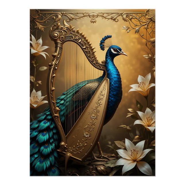 Poster Opulent Serenade: Peacock Harpist (Devant)