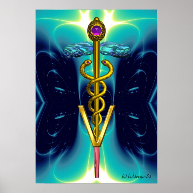 Poster OR CADUCEUS SYMBOLE VÉTÉRINAIRE Turquoise Aqua Blu (Devant)