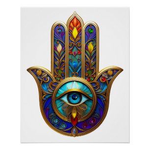Poster Or Coloré Hamsa Turquoise Saphir Troisième Œil 