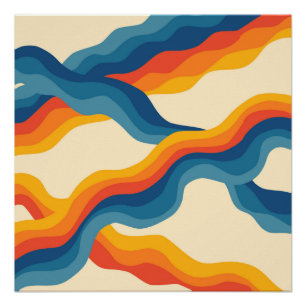 Poster Orange Bleu Abstrait Rétro Wavy Stripe Moderne