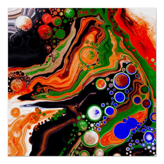 Poster Orange, Bleu, Black Digital Fluid Art (Devant)