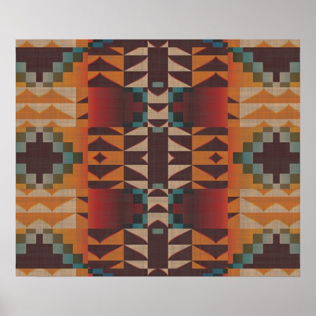Poster Orange Brown Rouge Turquoise Bleu Ethnic Tribal Mo (Devant)