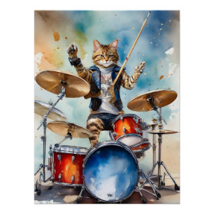 Poster Orange Tabby Cat Rock Star Jouer des tambours