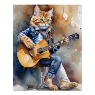 Poster Orange Tabby Cat Rock Star Jouer Guitare Acoustiqu