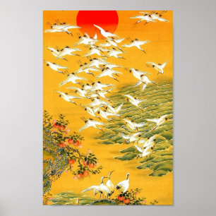 Poster Orangers, couchers de soleil et grues Art d'Asie V