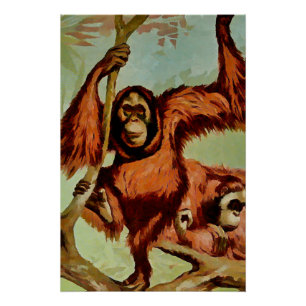Poster orangs-outans vintages sur un arbre -