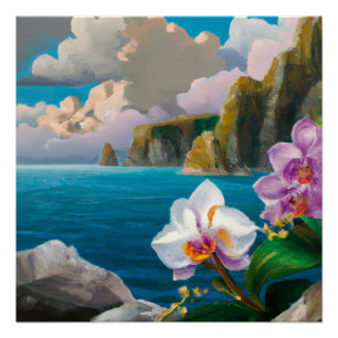 Poster Orchidées tropicales, océan, falaises et nuages