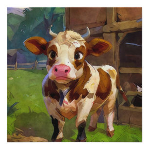 Poster Oreiller jeté de vache de grange mignonne