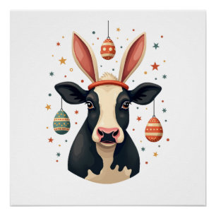 Poster Oreilles de lapin de Pâques vintage vache Mignon o