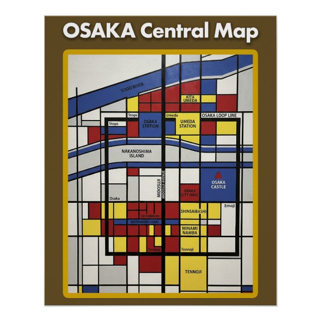 Poster OSAKA central map Piet Mondrian style (Devant)
