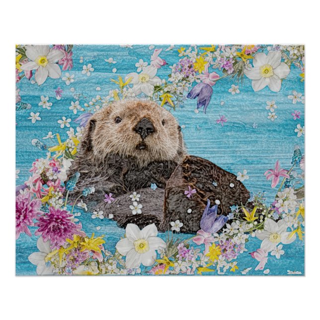 Poster Otter Nager dans les fleurs (Devant)