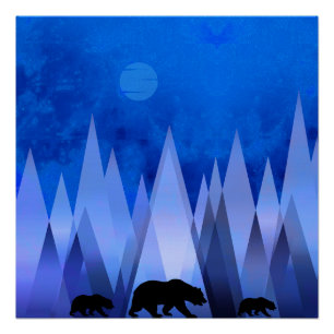 POSTER OURS DES MONTAGNES GÉOMÉTRIQUES BLEUS