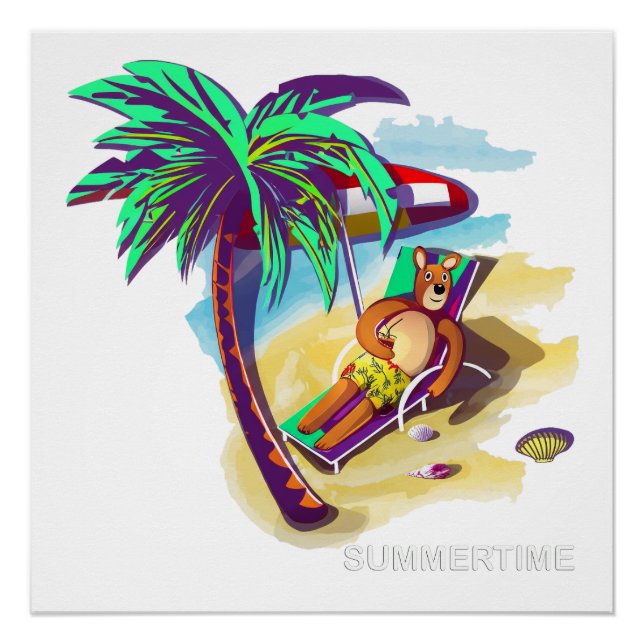 Poster Ours d'été relaxant sur une plage tropicale (Devant)
