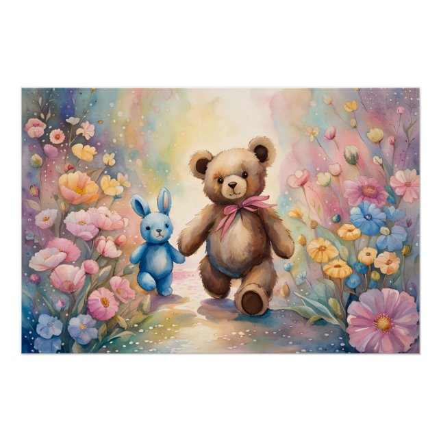 Poster Ours en peluche et lapin dans un jardin pastel (Devant)
