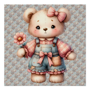Poster Ours en peluche pastel tenant une fleur portant un