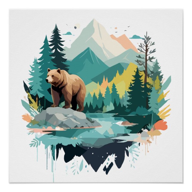 Poster Ours Faune Animaux Nature Extérieure Aquarelle (Devant)