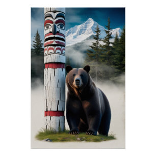 Poster Ours grizzli avec Totem Pole Art de la faune