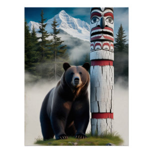 Poster Ours grizzli avec Totem Pole Art de la faune