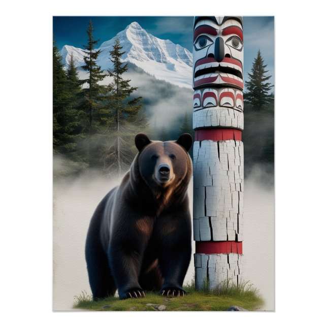 Poster Ours grizzli avec Totem Pole Art de la faune (Devant)