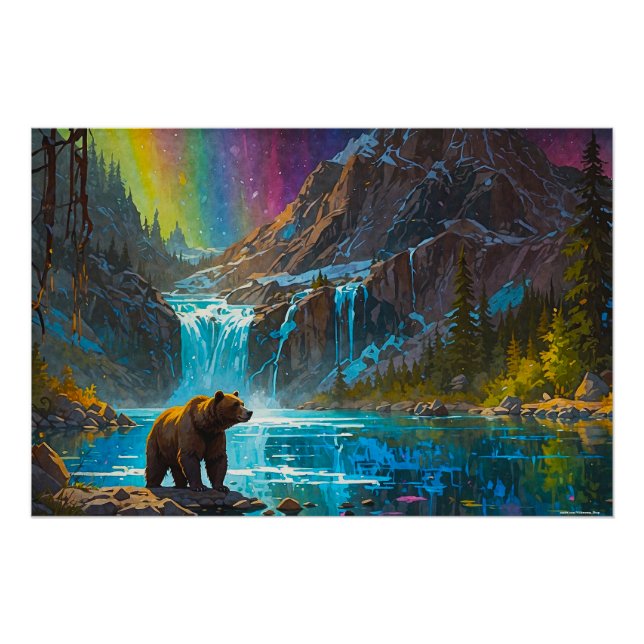 Poster Ours grizzli et aurores boréales (Devant)