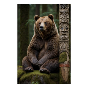 Poster Ours grizzli et totem Pole Art de la faune