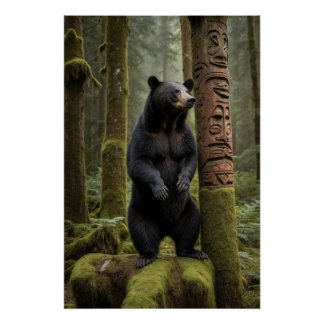 Poster Ours noir et totem Poteau Art de la faune