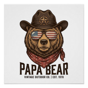 Poster Ours Papa Cowboy Ours Patriote Vintage Vector Des
