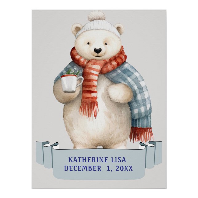 Poster OURS POLAIRE D'HIVER AVEC NOM DE L'ENFANT Annivers (Devant)