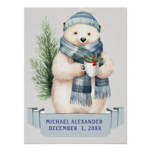 Poster OURS POLAIRE D'HIVER EN BLEU SCARF NOM ENFANTS Ann