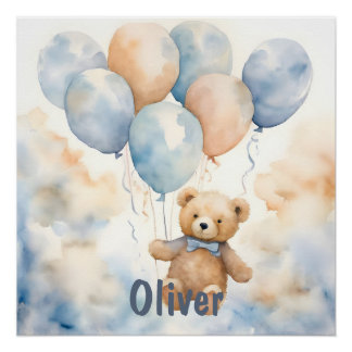 Poster Ourson adorable avec ballons aquarelle