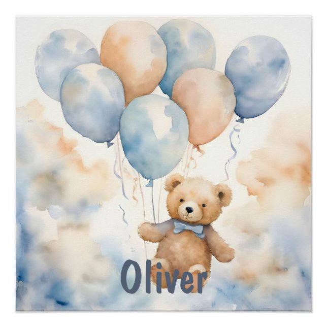Poster Ourson adorable avec ballons aquarelle (Devant)
