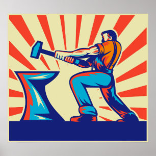 Poster Ouvrier forgeron avec marteau et enclume