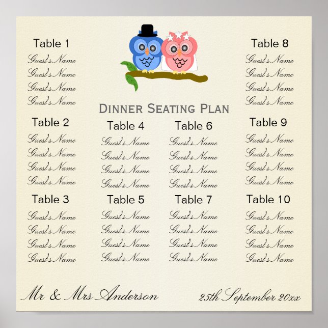 Poster Owl Champagne Wedding Seating Plan (Devant)