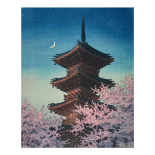 Poster Pagode de printemps japonaise vintage en gravure s