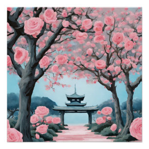 Poster Pagode des fleurs de cerisier japonais