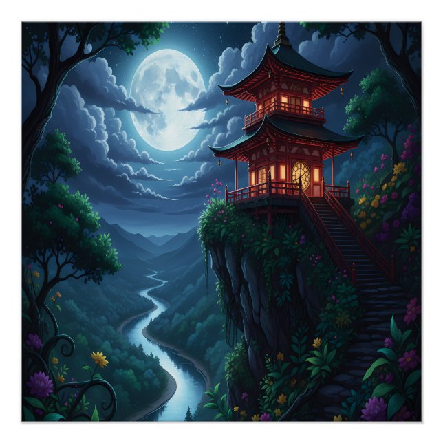 Poster Pagode japonaise au clair de lune sur une falaise (Devant)