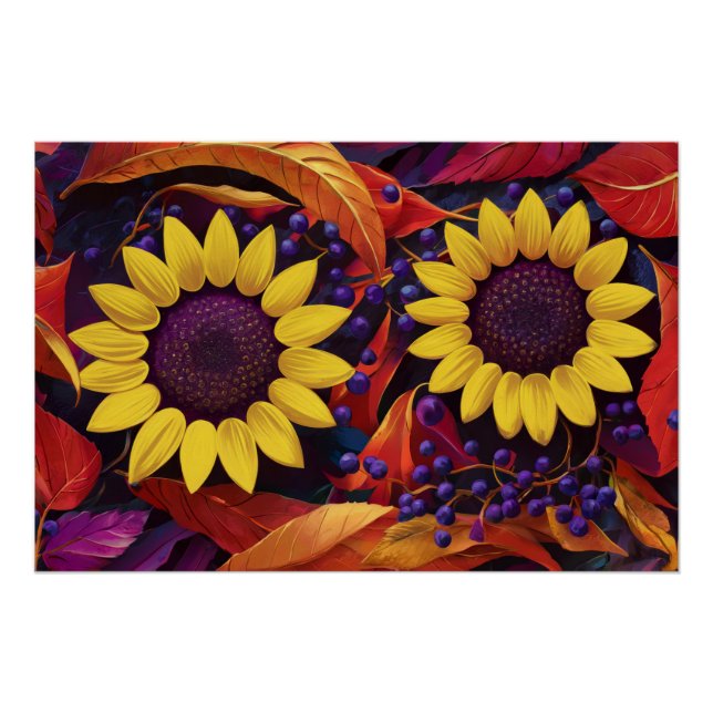 Poster Paire de tournesol violet, Feuilles d'automne joye (Devant)