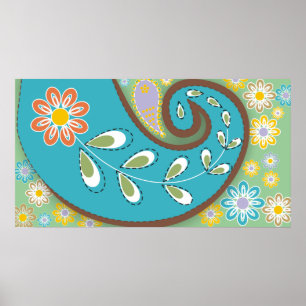 Poster Paisley turquoise rétro avec fleurs