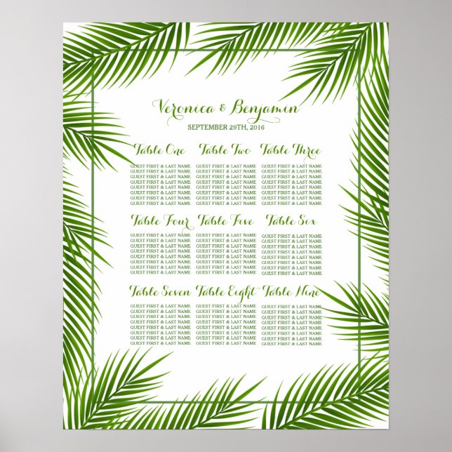 Poster Palm Feuille Tropical Beach Wedating Seating Chart (Devant)