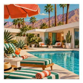 Poster Palm Springs Poolside Retro Mid Century Modern Art