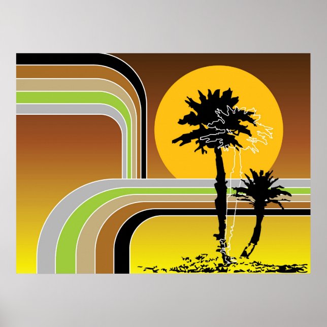 Poster Palmiers Tropical Retro Beach Sunset Stripes Mod (Devant)