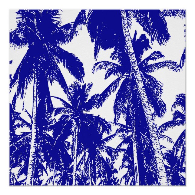 Poster Palmiers tropicaux en bleu et blanc (Devant)