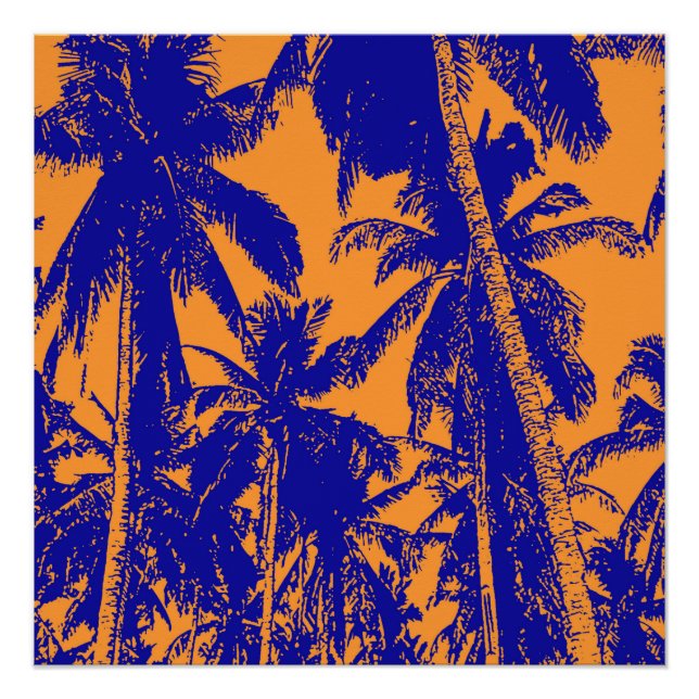 Poster Palmiers tropicaux en bleu et orange (Devant)