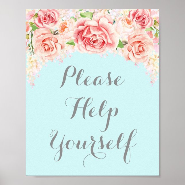 Poster Pancarte Aidez-Vous Fleurs Aquarelle Rose Bleu (Devant)