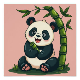 Poster Panda Adorable Enlaçant du Bambou, Jolie Illustrat
