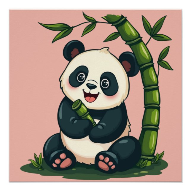 Poster Panda Adorable Enlaçant du Bambou, Jolie Illustrat (Devant)