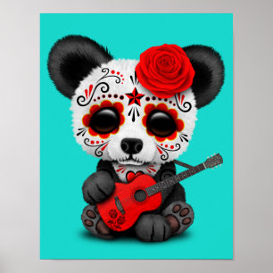 Poster Panda crâne de sucre rouge Jouer de la guitare