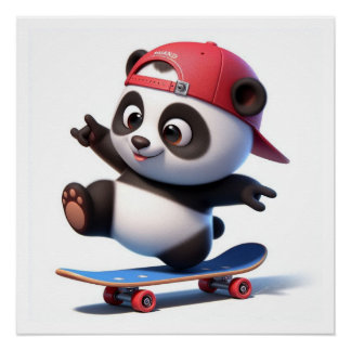 Poster Panda de dessin amusant sur skateboard